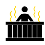 Icon of a black sauna bench with white vertical lines below it and yellow wavy lines above, symbolizing heat or steam, representing a sauna facility.