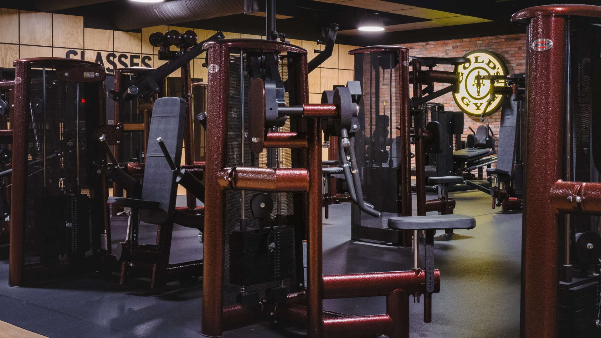 Close-up of machine weight equipment at Gold’s Gym Highland Meadows, featuring polished red frames and padded black seats. The equipment rests on a dark rubber floor under ceiling lights, with a brick wall and illuminated Gold’s Gym logo visible in the background.