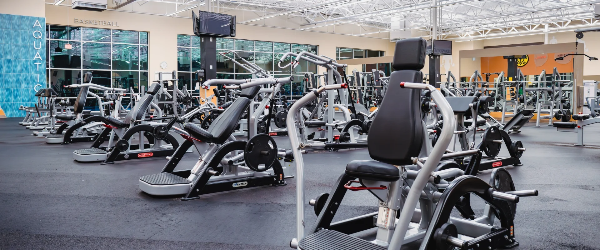 Spacious gym with rows of various exercise machines under a high ceiling. Bright, airy atmosphere with sleek, modern equipment.