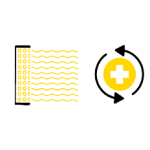 Icon featuring a black panel with yellow circular lights emitting wavy lines, paired with a yellow circle containing a white medical cross surrounded by black circular arrows, symbolizing red light therapy and recovery services.