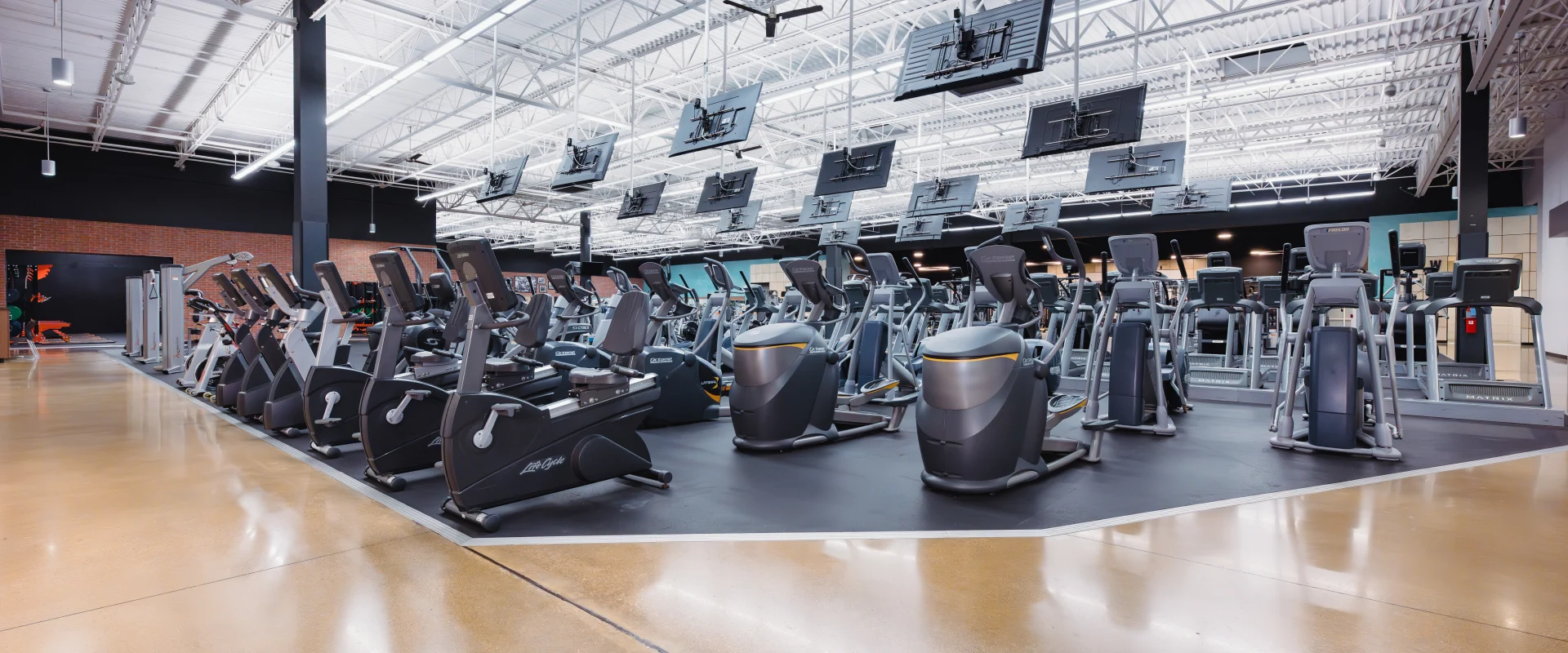 Cardio area at Gold's Gym featuring rows of modern stationary bikes, ellipticals, and treadmills under a bright, open ceiling with multiple TV screens.