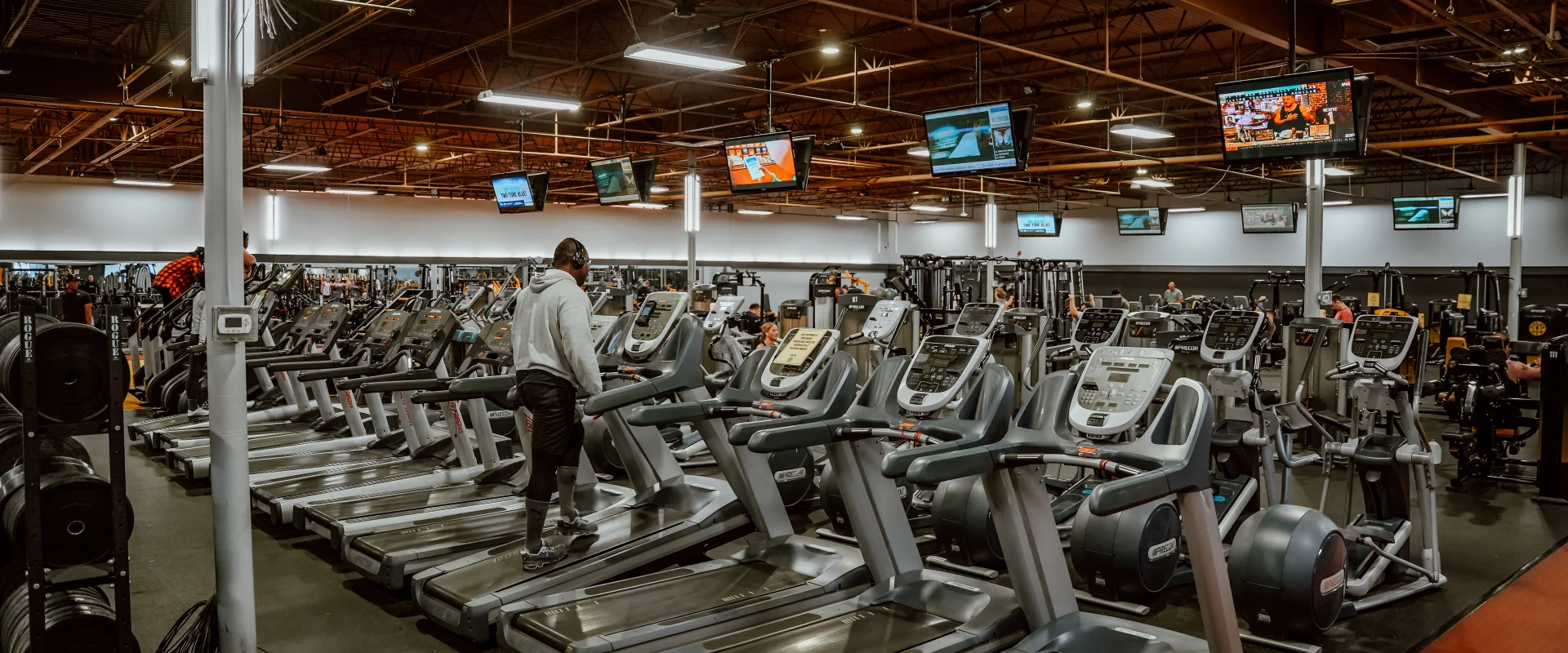 Cardio area at Gold's Gym Murfreesboro North in Tennessee, featuring rows of treadmills and ellipticals on a polished gray floor, with multiple flat-screen TVs hanging from a white industrial ceiling.