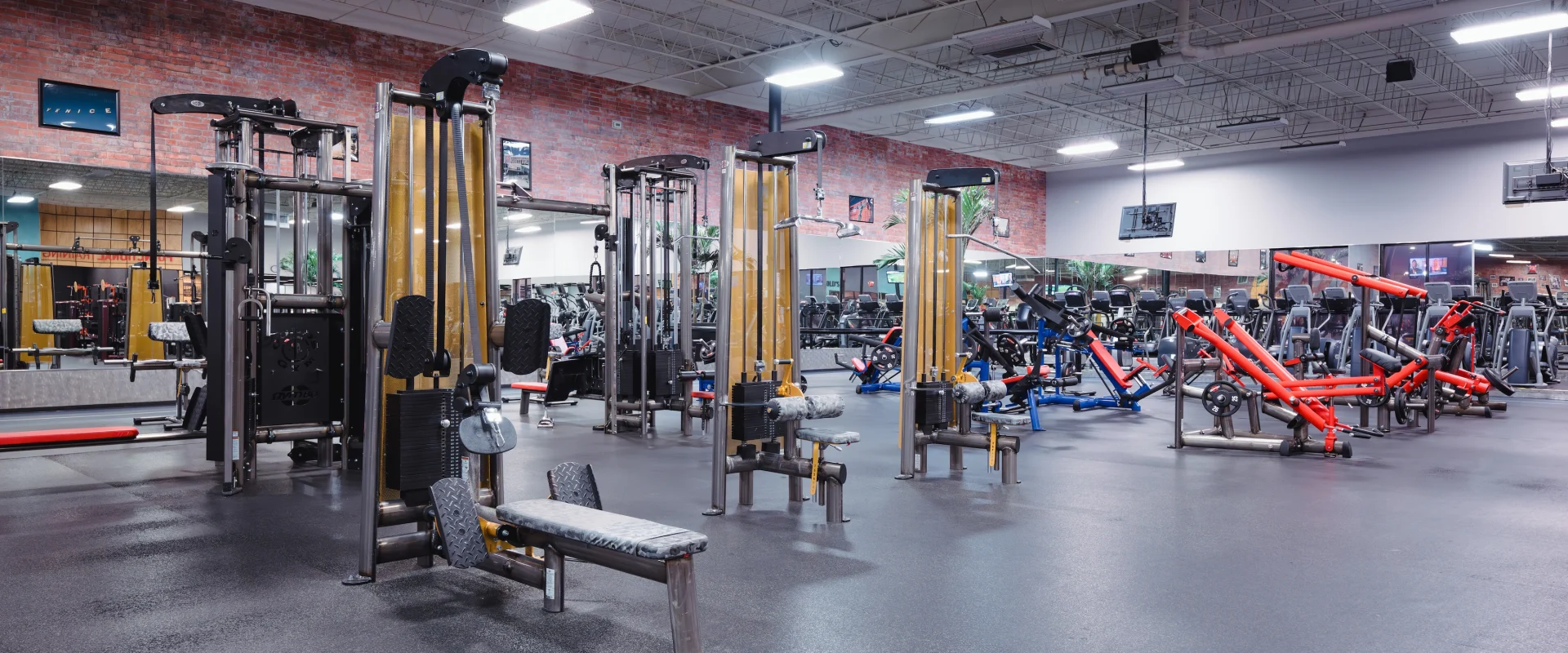 Spacious gym interior with various weight machines and benches on a clean, open floor. Soft lighting and an organized layout create an inviting atmosphere.