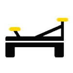 Icon of a Pilates reformer machine in black with yellow accents on the handles and foot bar, symbolizing Pilates equipment and classes.