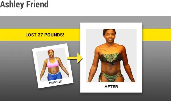 The image shows a person's before and after transformation, with the person having lost 27 pounds. The background is a simple gray and yellow layout, highlighting the person's weight loss achievement.
