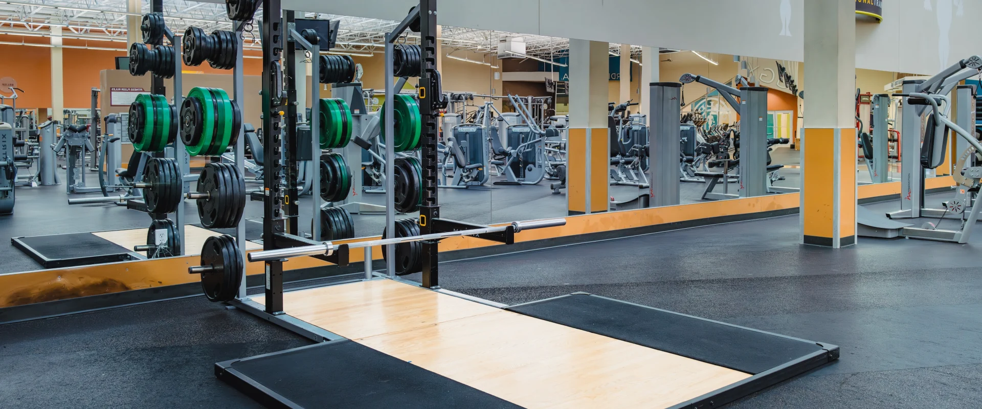 A spacious gym with a mirrored wall features a squat rack and weights on a lifting platform. The atmosphere is clean, organized, and modern.