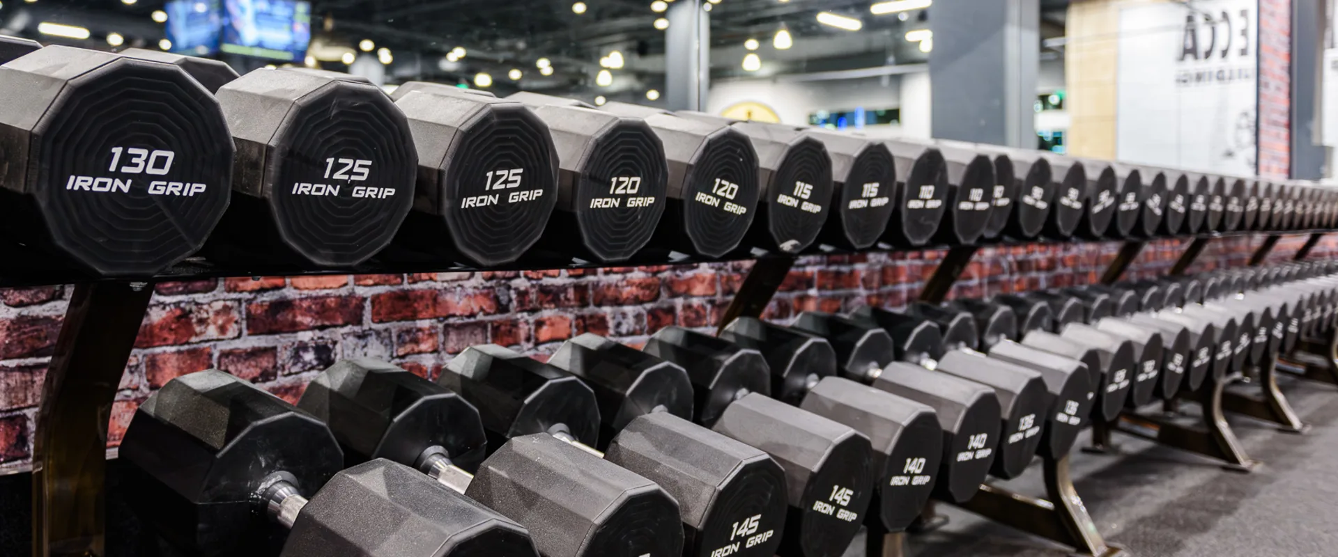 Dumbbell rack at Gold’s Gym Long Beach, featuring a full range of heavy-duty Iron Grip dumbbells. The weights are organized on a sleek, multi-tiered rack against an exposed brick wall. Overhead lighting illuminates the space, enhancing the industrial aesthetic and high-performance training environment.