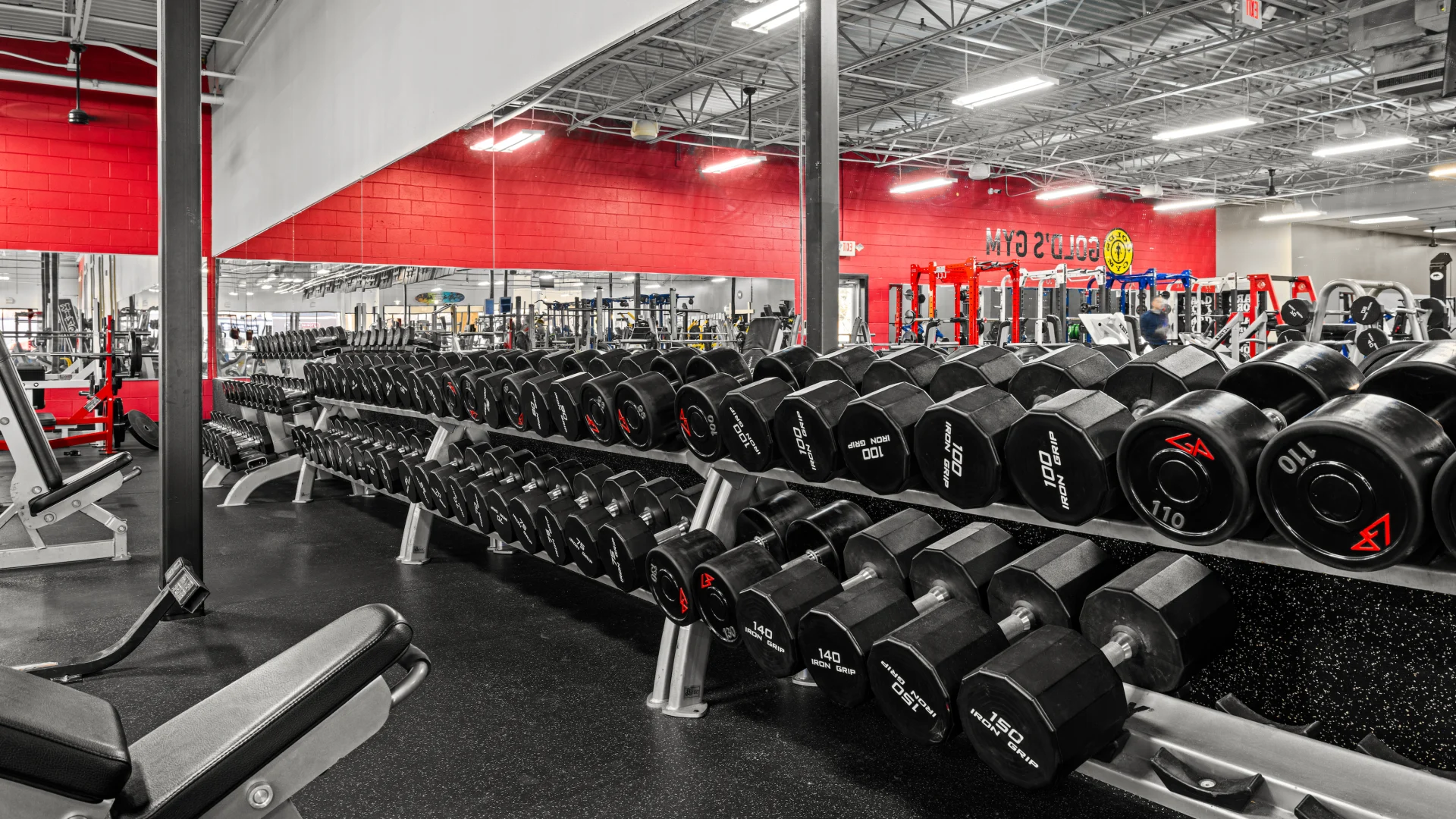 Dumbbell rack in Gold’s Gym free weight area.