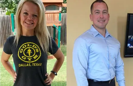 The image shows a smiling woman wearing a black t-shirt with a logo, and a man in a blue shirt standing in front of a building.