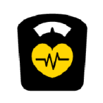 Icon of a stylized black figure with a yellow heart featuring a heartbeat line, symbolizing wellness, health, and fitness services.