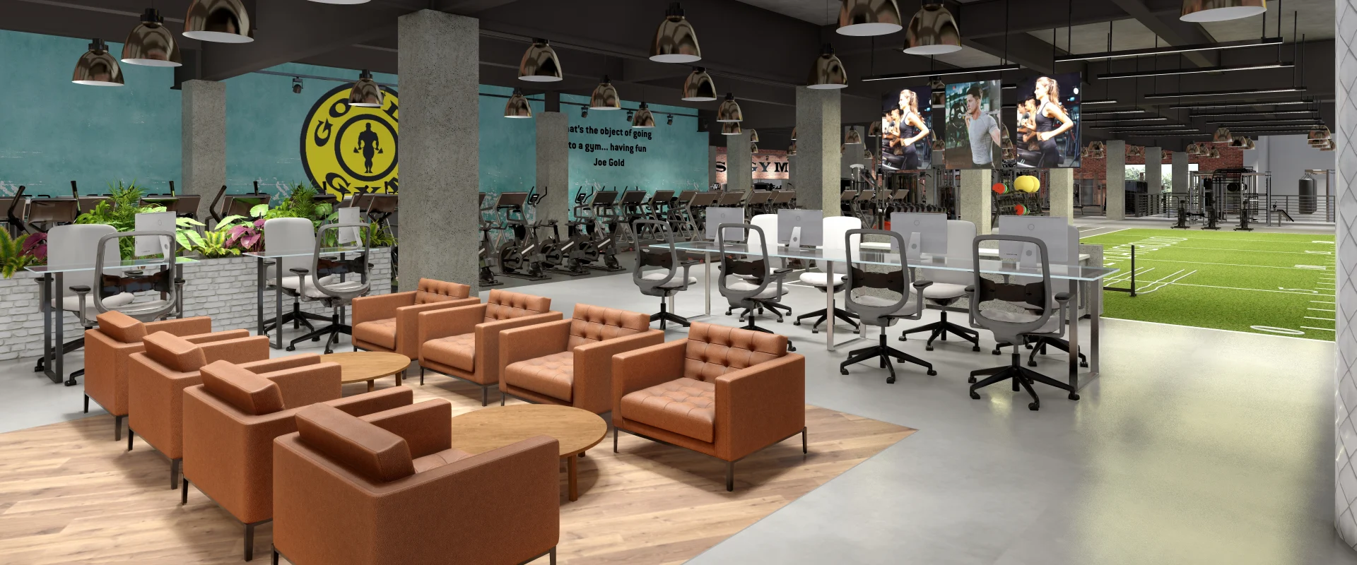 Rendering of the lounge area at Gold’s Gym Los Angeles (Beverly Center), featuring plush tan lounge chairs and wooden coffee tables on a sleek wood-accented floor. A coworking space with ergonomic chairs and computers lines a raised platform, bordered by lush greenery. The open-concept layout flows into the gym floor, where rows of cardio machines, a turf training area, and large digital screens displaying fitness content create an energetic atmosphere. Overhead gold pendant lights and industrial concrete pillars enhance the modern aesthetic. This digital rendering previews the planned design for the upcoming location.