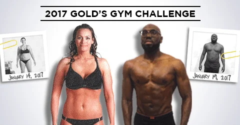 The image shows two individuals, a woman in a black bra and a man with a muscular, shirtless physique, posing for a "2017 Gold's Gym Challenge" against a plain white background.