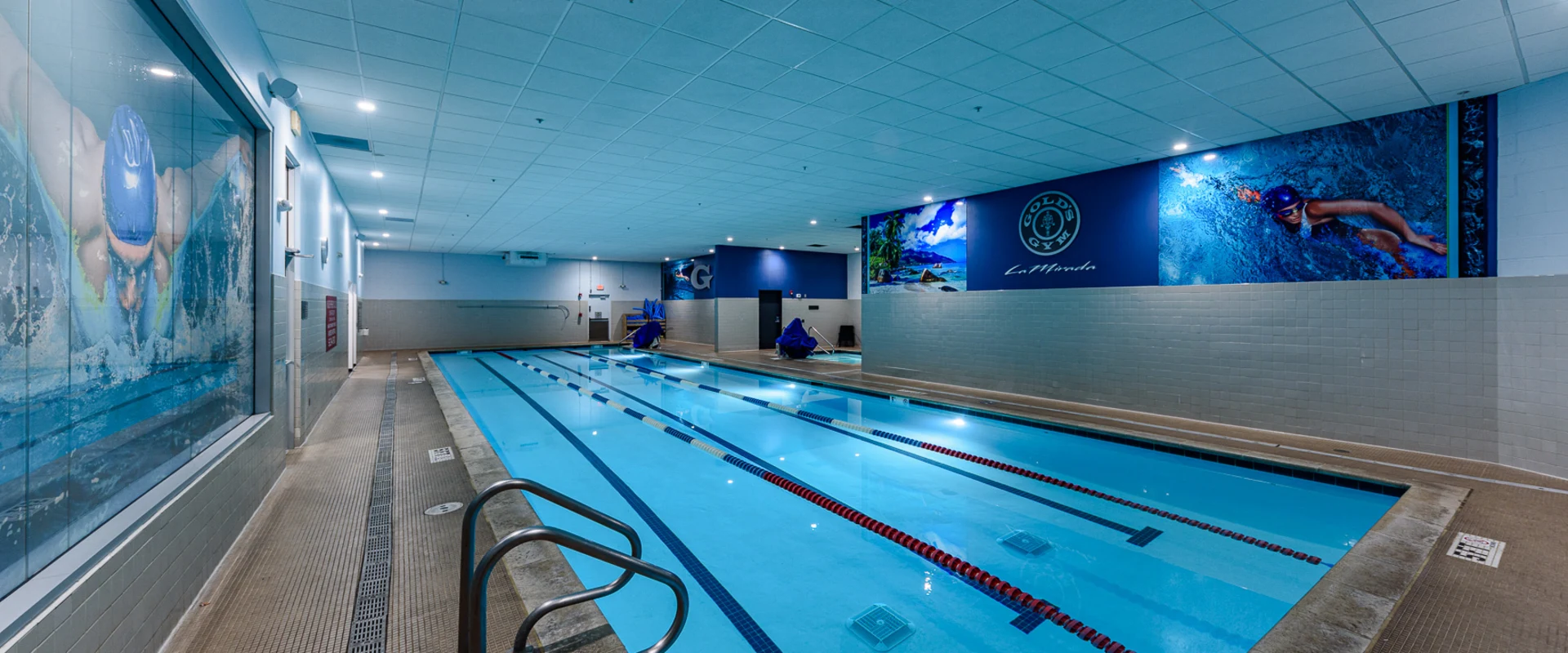 A sleek indoor lap pool with clear blue water, lane dividers, and a stainless steel ladder for easy access. The pool area features large wall murals of swimmers in action, soft overhead lighting, and a tiled deck for a clean, professional aesthetic.