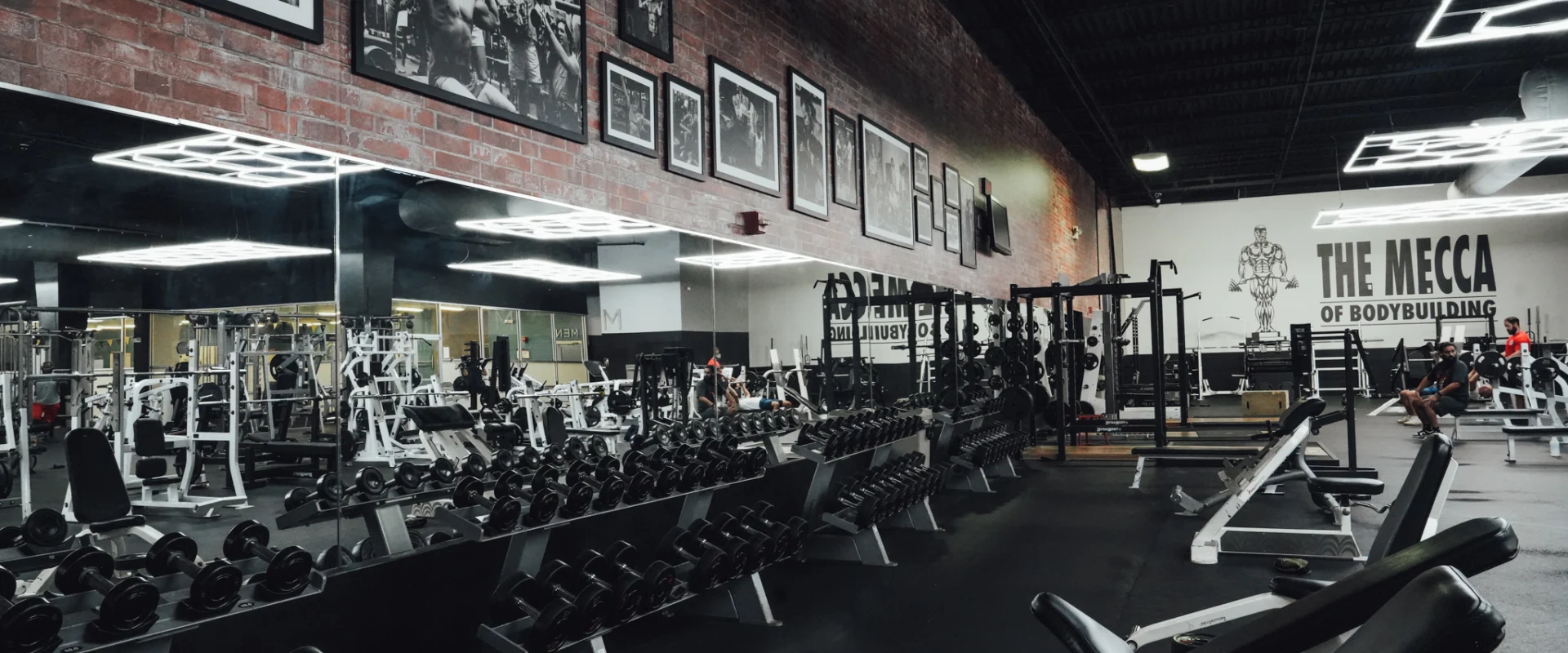 A spacious free-weight section at Gold's Gym Brassfield, lined with dumbbells on angled racks. Benches and squat racks are available for strength training. A large mirror spans the wall, reflecting the industrial-style red brick accent wall decorated with black-and-white bodybuilding photos.