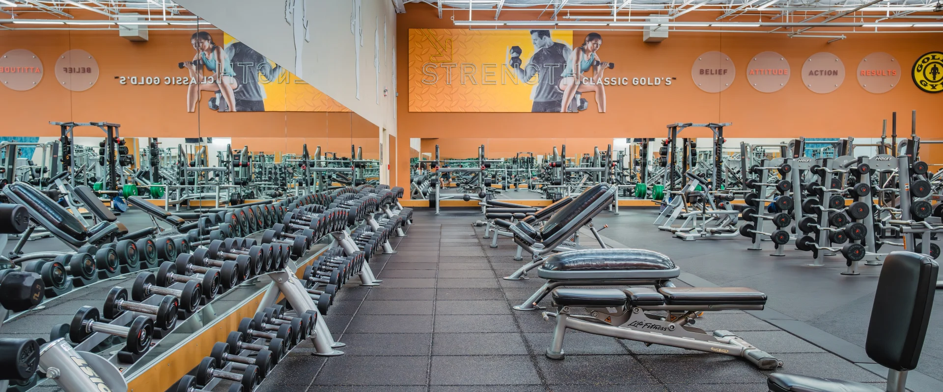 Dumbbell area at Gold’s Gym in Austin (Westlake), featuring neatly organized dumbbells of varying weights on sturdy racks. Adjustable benches are positioned on rubber flooring for versatile strength training. Large mirrors line the walls, enhancing visibility and form checks, with motivational graphics adding energy to the bright, open space.