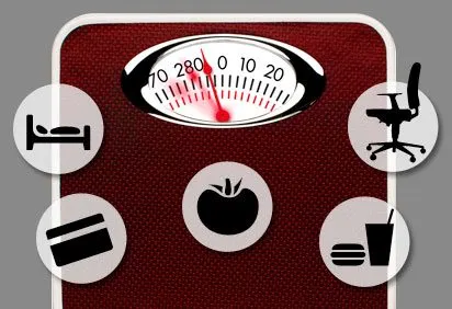 A red weighing scale with various icons representing diet and exercise, set against a gray background.