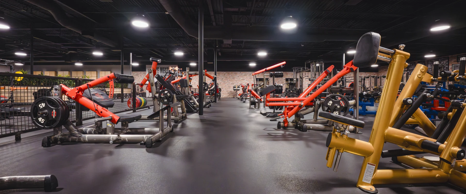 Free weight area at Gold’s Gym Highland Meadows, featuring rows of red and yellow weight machines on a sleek black rubber floor. The space is illuminated by bright industrial lighting against a black open ceiling with exposed beams, with a brick accent wall adding warmth to the background.