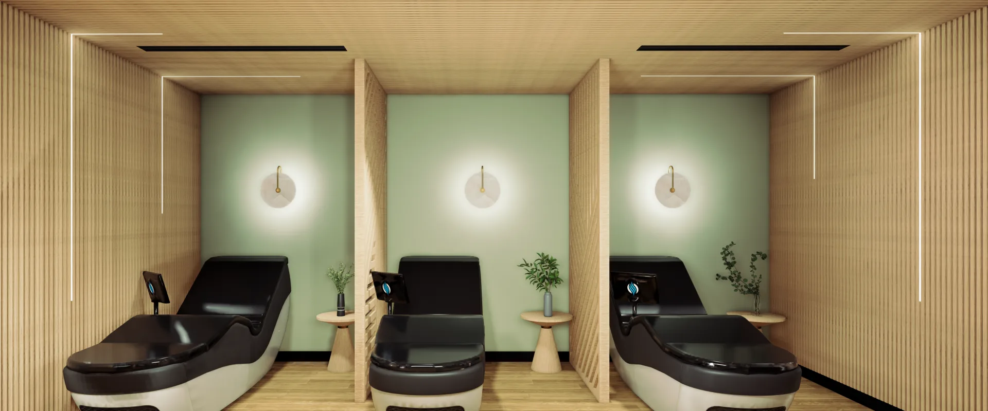 Recovery room at Gold's Gym Austin (Burnet Rd) featuring three HydroMassage loungers with touchscreens, soft green walls, wood slat dividers, and ambient lighting for relaxation.