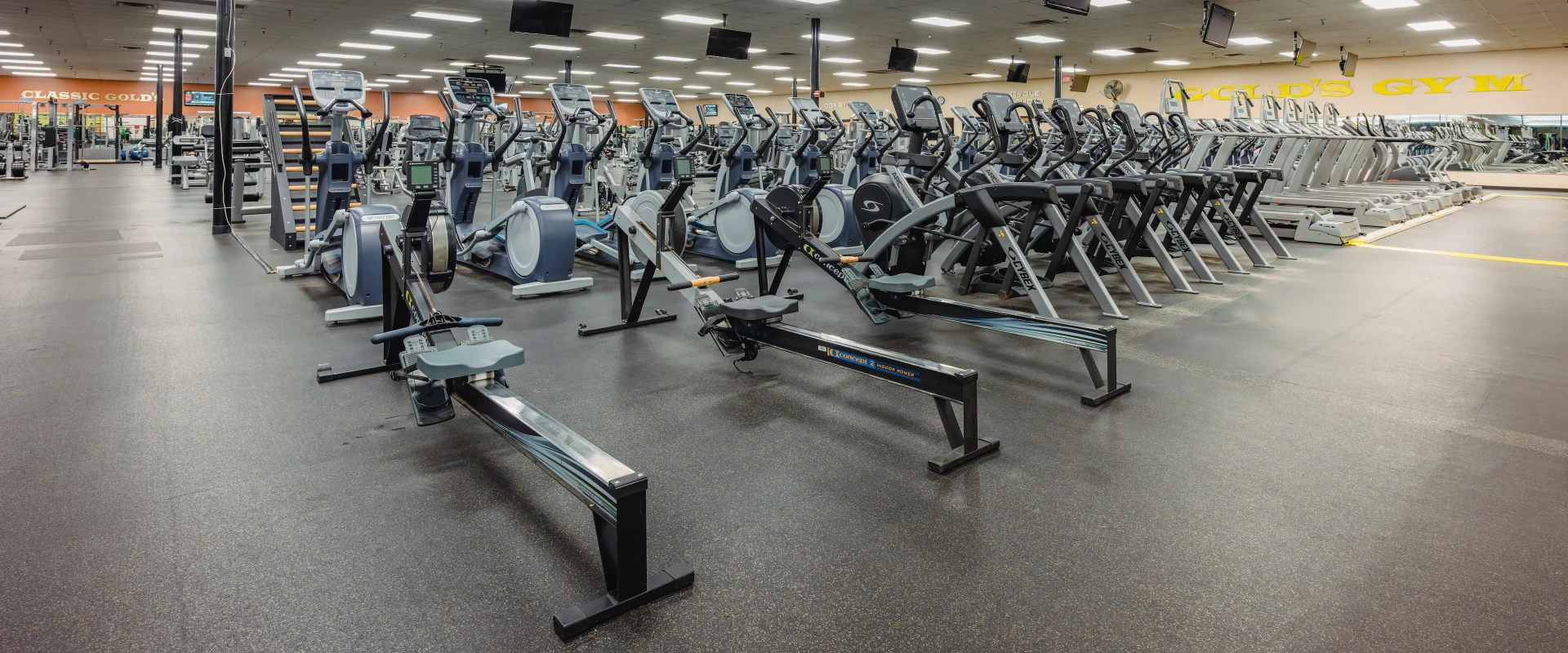Cardio equipment at Gold’s Gym in Austin (Southeast), featuring rows of treadmills, ellipticals, stair climbers, and rowing machines. Overhead TVs are mounted for entertainment, while the spacious layout provides an open workout environment.