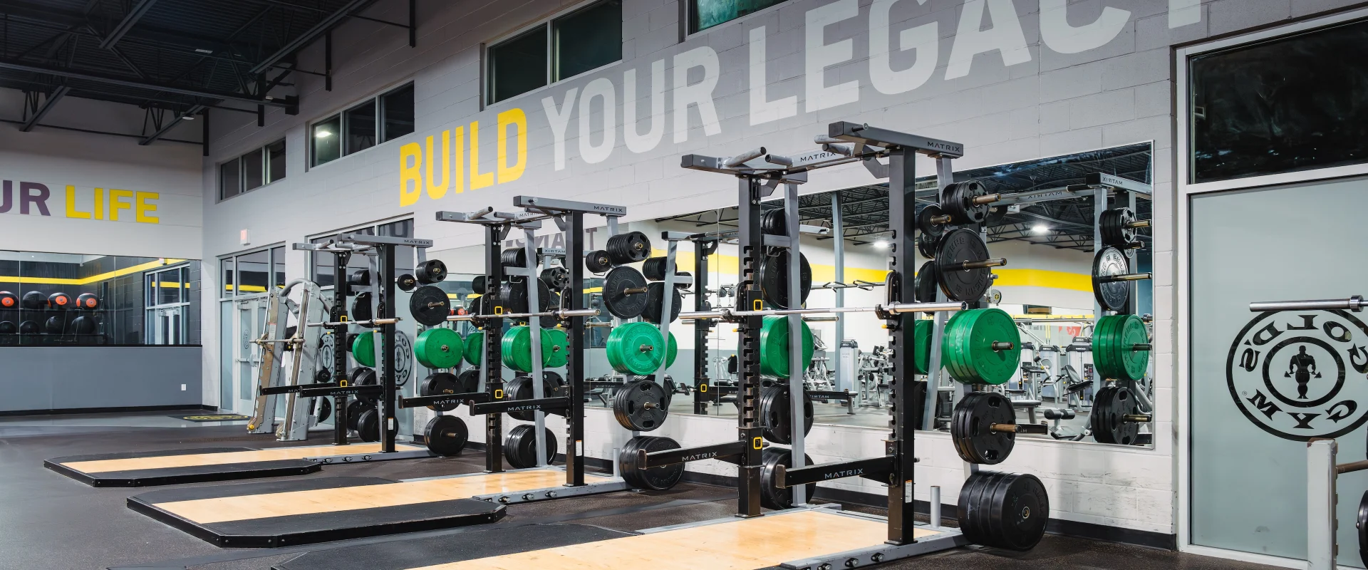 The Olympic lifting platforms at Gold's Gym in Texas (Slaughter & South Congress) are designed with wooden inserts and rubber borders for durability. Squat racks with bumper plates are positioned nearby, providing an ideal space for heavy lifts and barbell training.