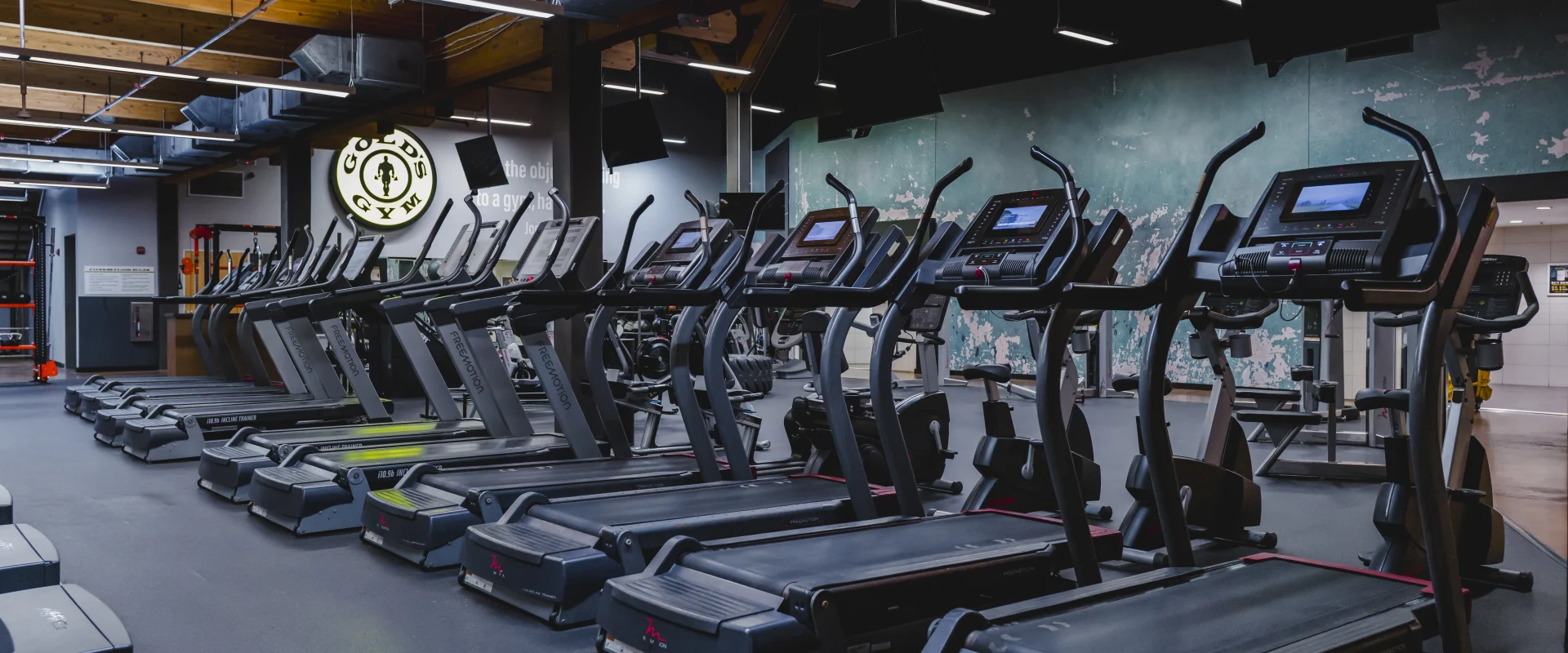 A row of treadmills in a well-lit gym with a high wooden ceiling and a Gold's Gym logo on the wall, creating a modern cardio workout area.