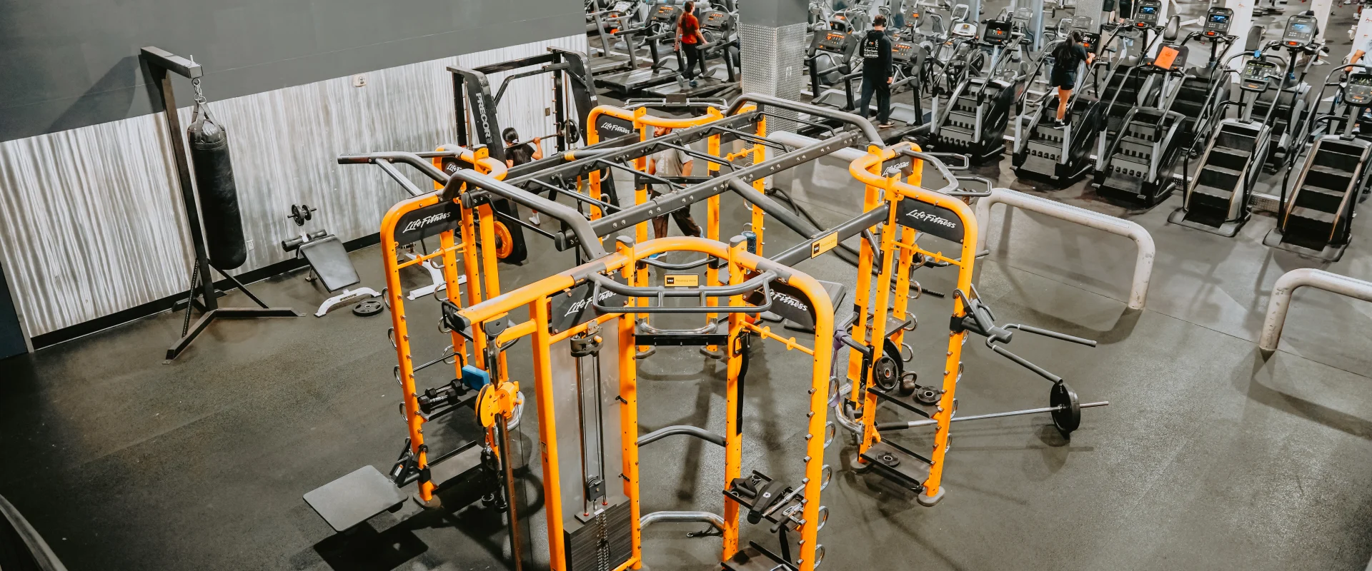 Free weights area at Gold’s Gym Tennessee, Lee Highway, featuring a functional training station with various attachments. Surrounding the station are weight racks, benches, and barbells. The space includes a metallic wall panel and cardio equipment visible in the background. The high ceiling with visible beams and overhead lighting creates an open and bright atmosphere.