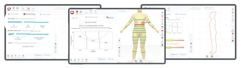 The image displays a human body diagram with various measurements and data points, along with a stylized illustration of a human figure in the foreground.