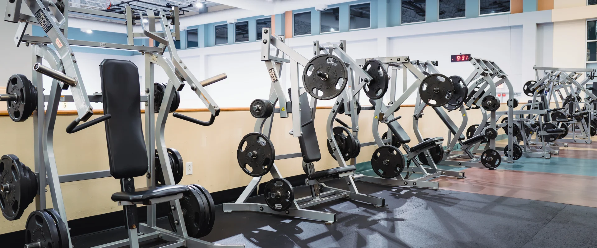 A brightly lit gym with a row of weight machines lined up, showcasing various plate-loaded equipment on a rubber flooring. The spacious area feels organized and inviting.