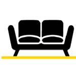 Icon of a black lounge chair with two cushions, positioned above a yellow horizontal line, symbolizing a lounge or relaxation area.