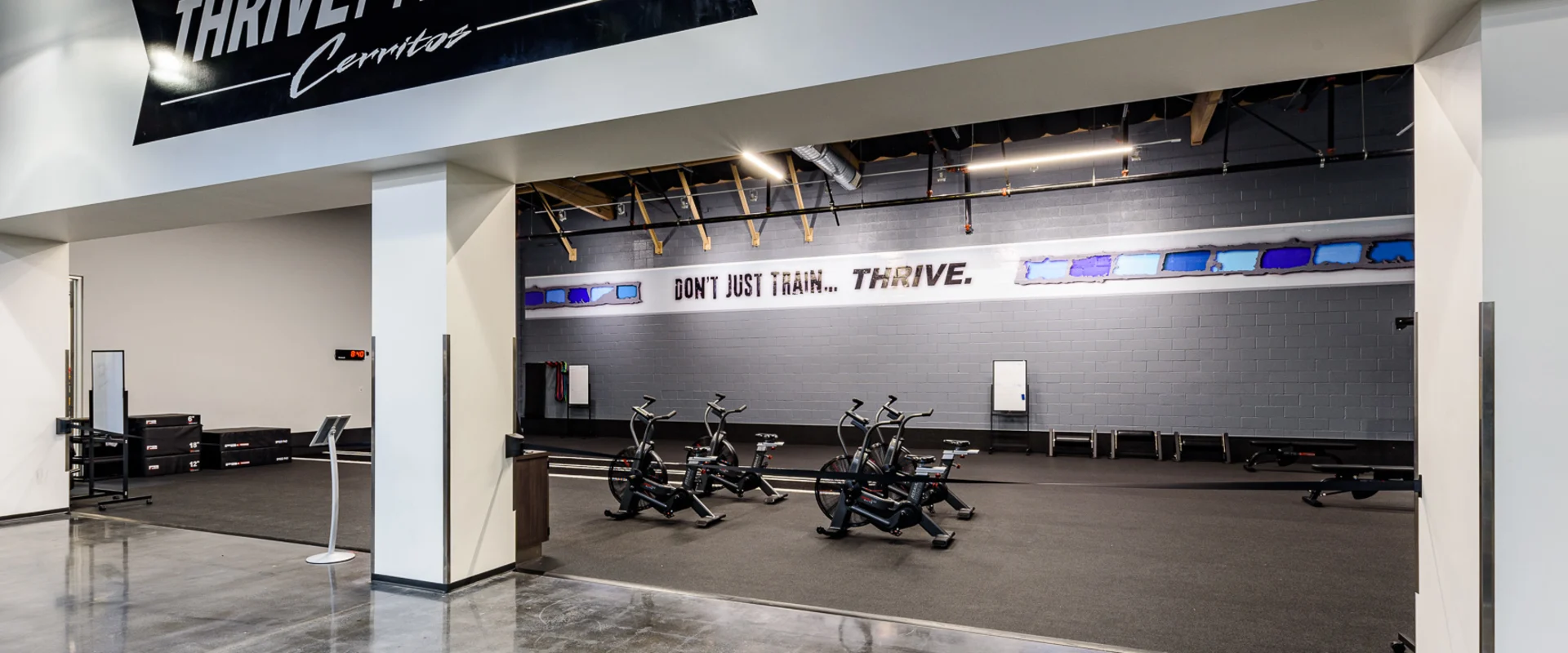 The small group training area at Gold’s Gym Cerritos features an open space with a rubberized floor, stationary bikes, and workout equipment along the walls. A ‘Thrive Fitness Cerritos’ sign is displayed above the entrance, and a motivational quote on the far wall reads ‘Don’t Just Train… Thrive.’ The area is well-lit with overhead lighting and large mirrors.