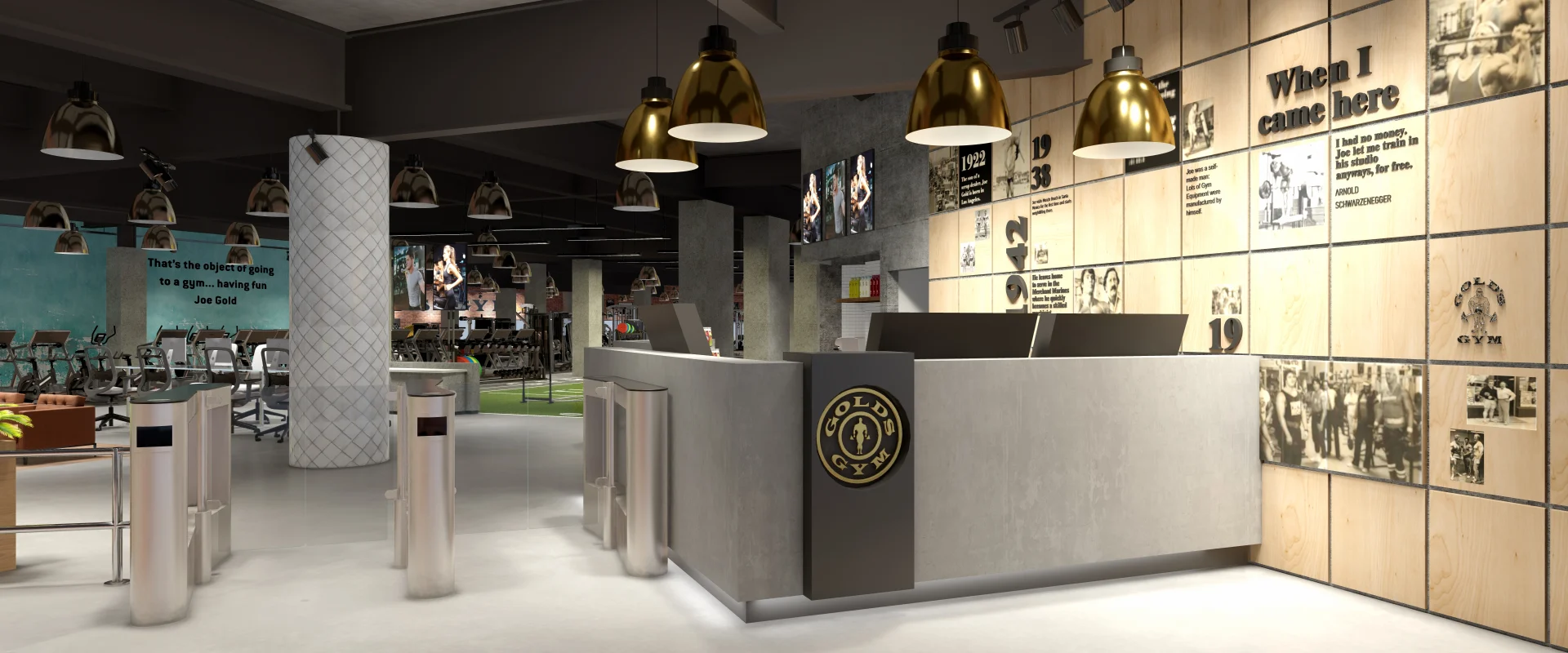Rendering of the front desk at Gold’s Gym Los Angeles (Beverly Center), featuring a sleek concrete reception counter with the Gold’s Gym logo. The space is illuminated by gold pendant lights, complementing the modern industrial design. A feature wall displays historic gym moments and quotes, including one from Arnold Schwarzenegger. Turnstiles and security gates lead to the workout area, where cardio machines, turf training zones, and motivational wall art create an energetic atmosphere. This digital rendering showcases the planned design for the upcoming location.