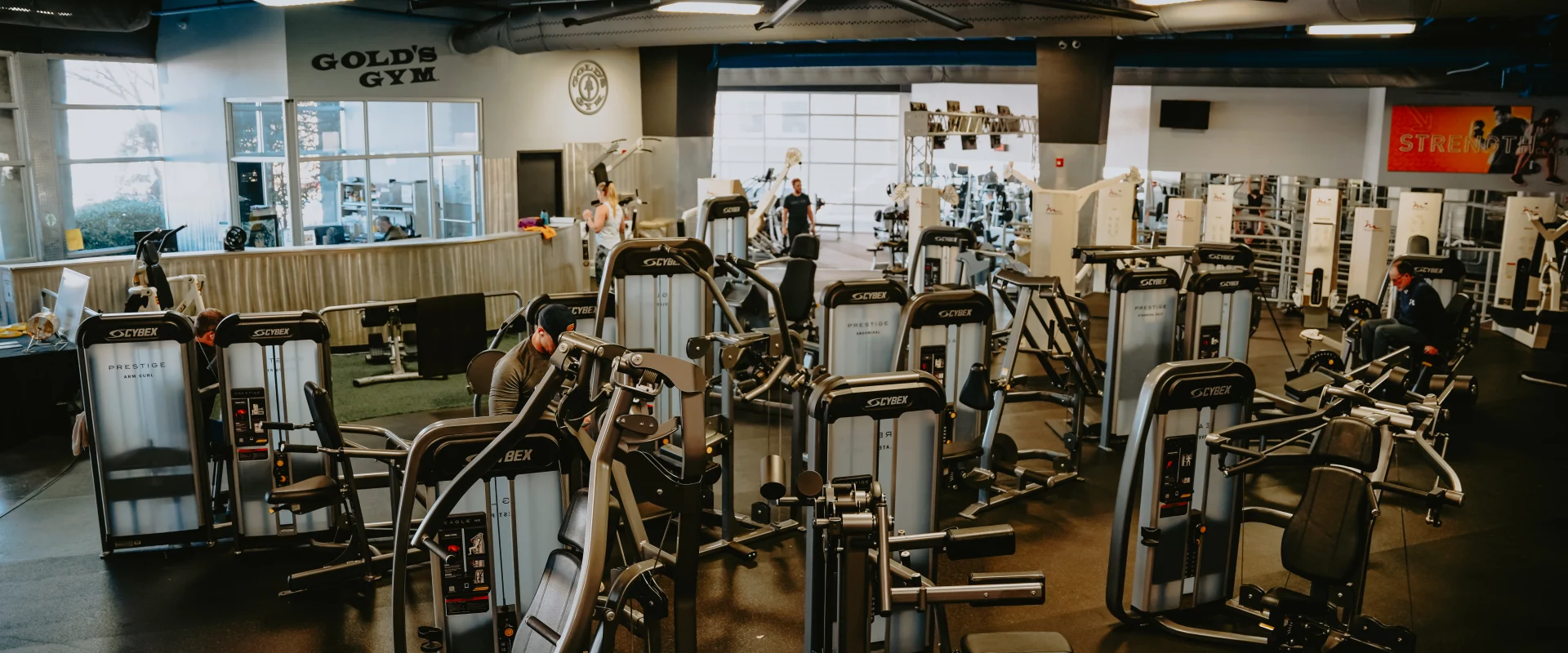Machine weights area at Gold’s Gym Tennessee, Downtown Chattanooga, showcasing a variety of equipment arranged on a dark rubber floor. The space features a high ceiling with exposed blue ducts and a large ceiling fan, providing ample ventilation. Natural light streams in through the expansive windows, while the front desk and Gold’s Gym signage are visible in the background, adding to the gym's welcoming atmosphere.