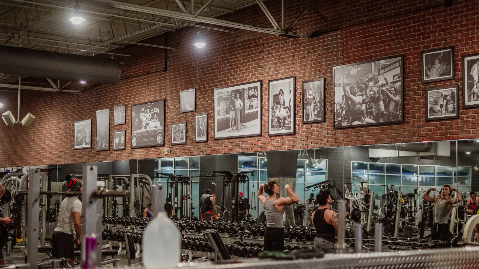 Dumbbell area at Gold’s Gym Tennessee, Lee Highway, featuring an extensive selection of dumbbells neatly arranged on racks beneath a mirrored wall. The red brick wall above displays a collection of framed historical photographs and iconic moments from Gold’s Gym history. The area is lit by overhead industrial lighting, creating a vibrant and active atmosphere. Reflections in the mirrors showcase additional gym equipment and members working out in the spacious facility.
