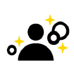 Icon of a black silhouette of a person surrounded by yellow sparkles and circular shapes, symbolizing a Mind and Body studio or wellness activities such as yoga and meditation.