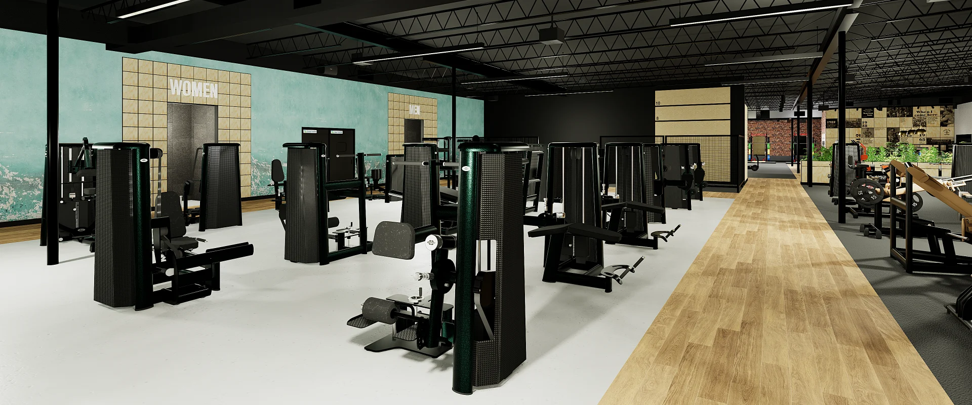 Machine weight equipment area at Gold's Gym Austin (Burnet Rd) with black machines on white flooring, positioned near gender-specific changing rooms and gym entrance.