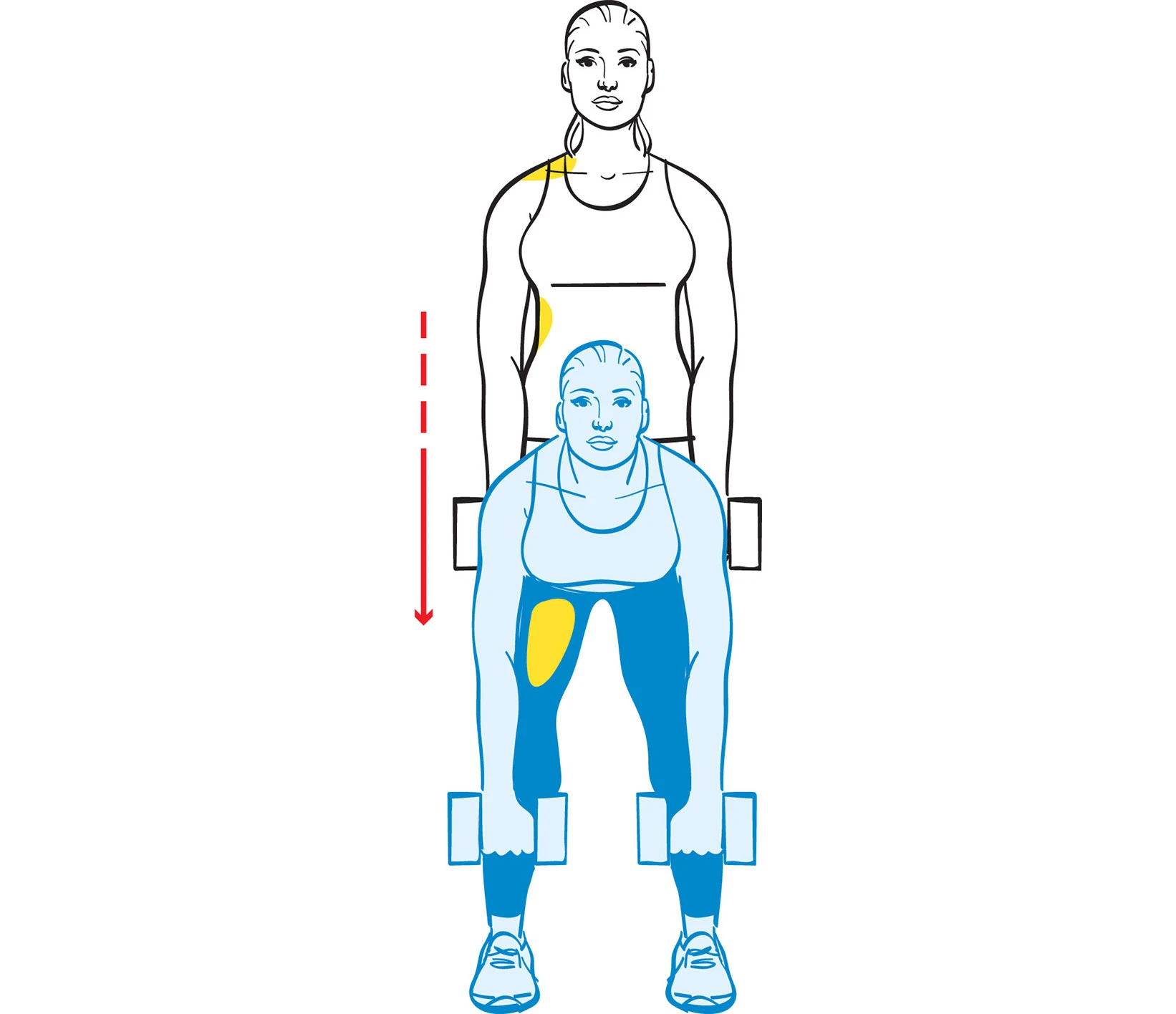 The image depicts two human figures, one standing behind the other, with various colored shapes and lines indicating different body parts and measurements.