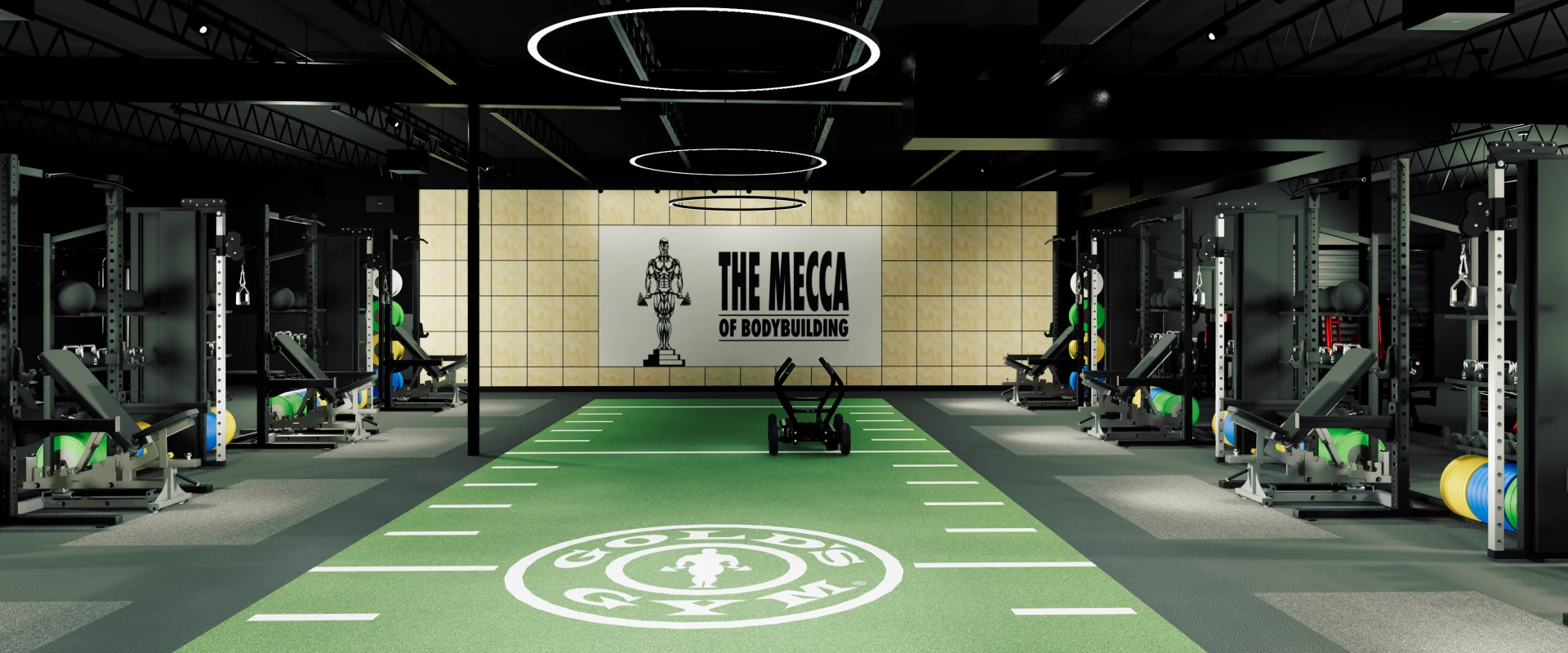 Performance turf zone at Gold’s Gym Austin (Burnet Rd) with a green sled lane featuring the Gold’s Gym logo, surrounded by functional rigs, weight benches, and bumper plates.