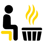 Illustration of a person sitting on a bench near a sauna heater with yellow steam lines rising, symbolizing a sauna experience.