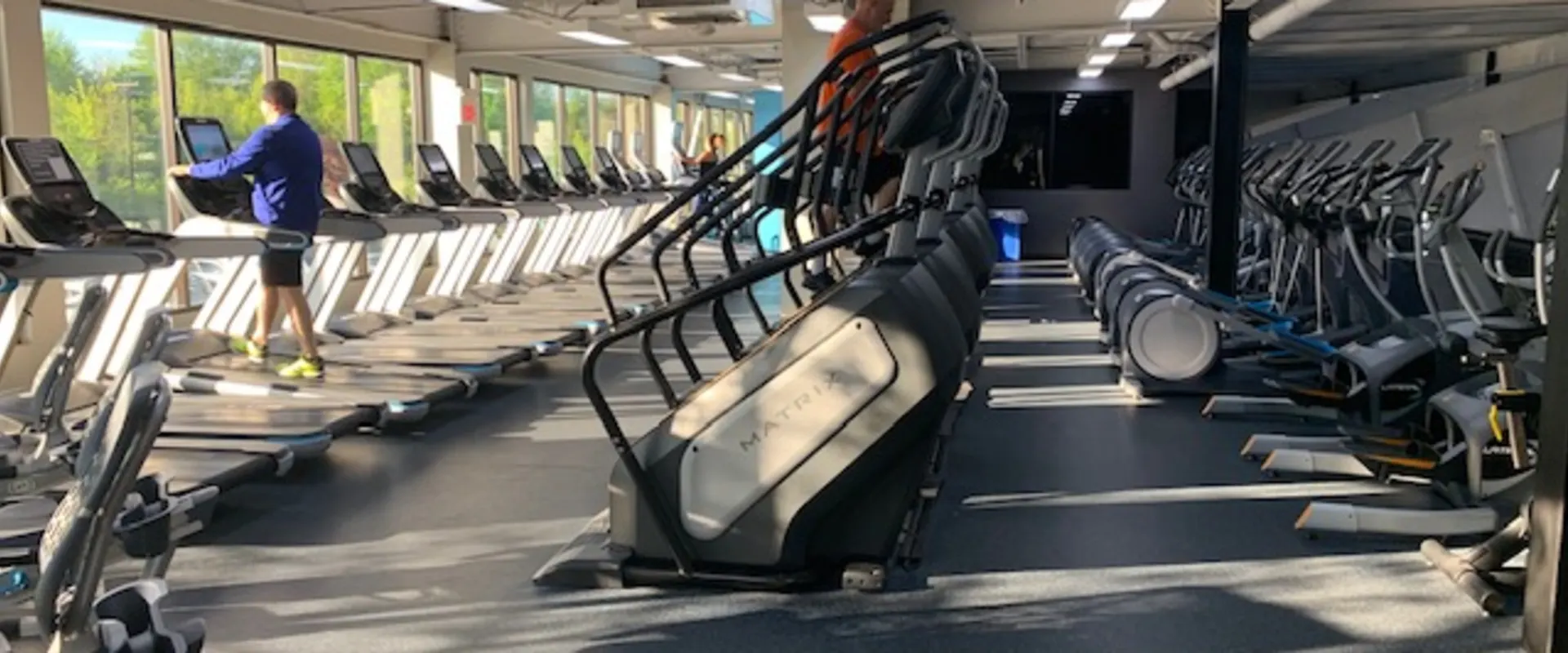 A spacious gym interior with rows of exercise equipment, including treadmills and other cardio machines, arranged in a well-lit and organized manner.