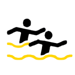 con depicting two persons swimming, with extended arms, set above yellow wavy lines to indicate water. The image suggests aquatic activities or classes.