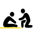 Icon of two persons, one sitting on a yellow mat and the other kneeling in front, symbolizing personal training or one-on-one fitness coaching.