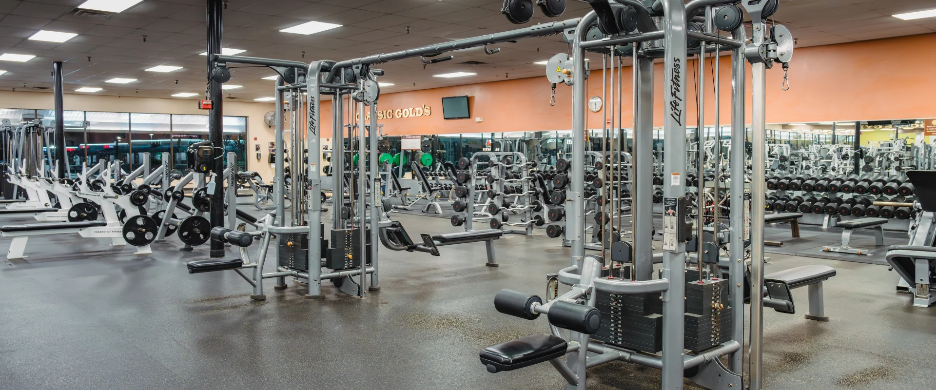 Resistance machine area at Gold’s Gym in Austin (Southeast), featuring cable machines, plate-loaded equipment, and weight stacks for strength training. The mirrored wall reflects the spacious layout, with additional free weights in the background.