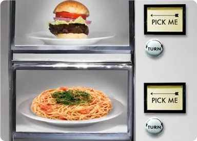A hamburger and a plate of spaghetti are displayed in a refrigerator, with "PICK ME" and "TURN" buttons visible in the background.