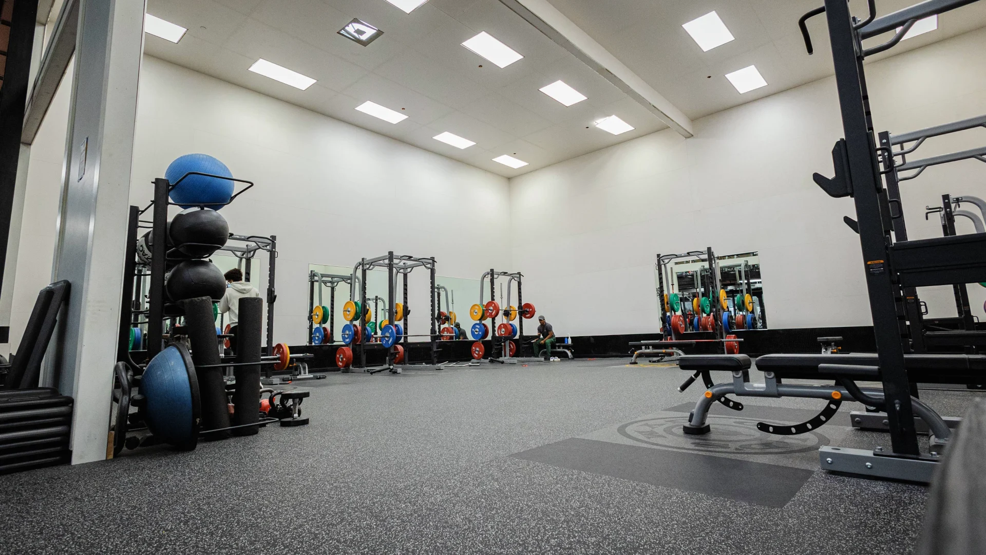 Mecca Room at Gold’s Gym in Poughkeepsie, New York, featuring multiple squat racks with color-coded bumper plates neatly organized along mirrored walls. The space includes benches, medicine balls, foam rollers, and stability balls for functional training. The speckled rubber flooring and bright overhead lighting create an open, performance-focused environment designed for strength and Olympic lifting.