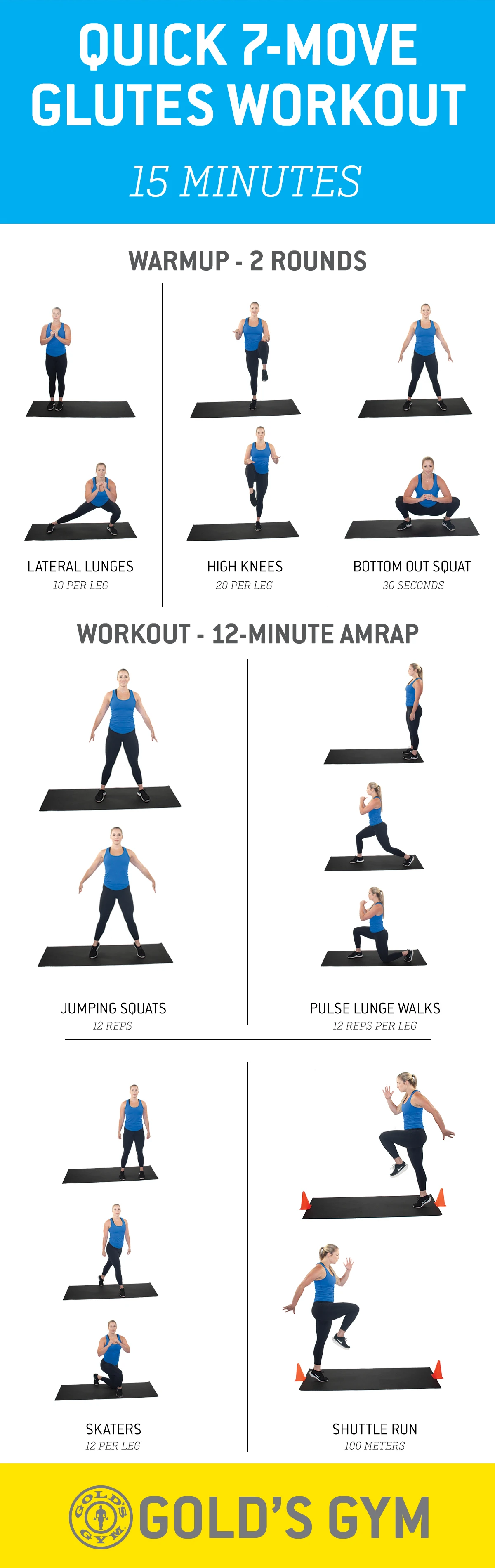Legs and glute workout with lateral lunges, high knees, bottom out squat, jumping squats, pulse lunge walks, skaters and shuttle runs.