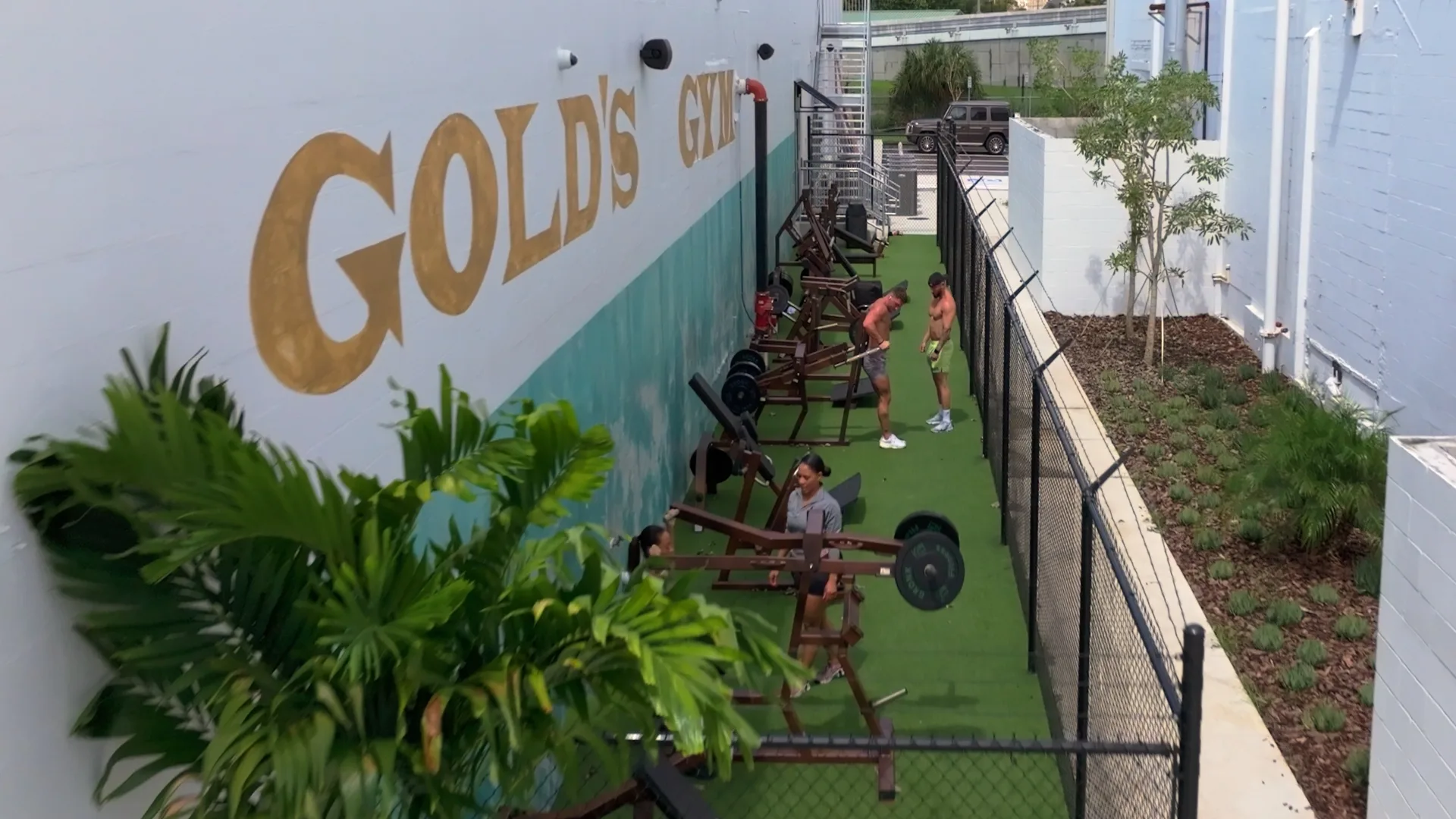 Outdoor turf and strength training area at Gold’s Gym Tampa Gas Worx
