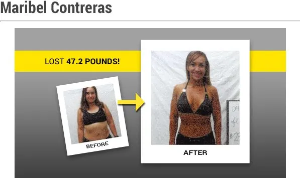 The image shows a woman's before and after weight loss transformation, with the "before" image on the left and the "after" image on the right. The background is a plain white backdrop, allowing the focus to remain on the woman's physical changes.