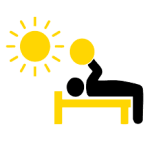 Icon of a stylized black figure lying on a yellow bench, lifting a yellow circular weight, with a yellow sun symbol in the background, representing outdoor workouts or fitness activities in the sun.
