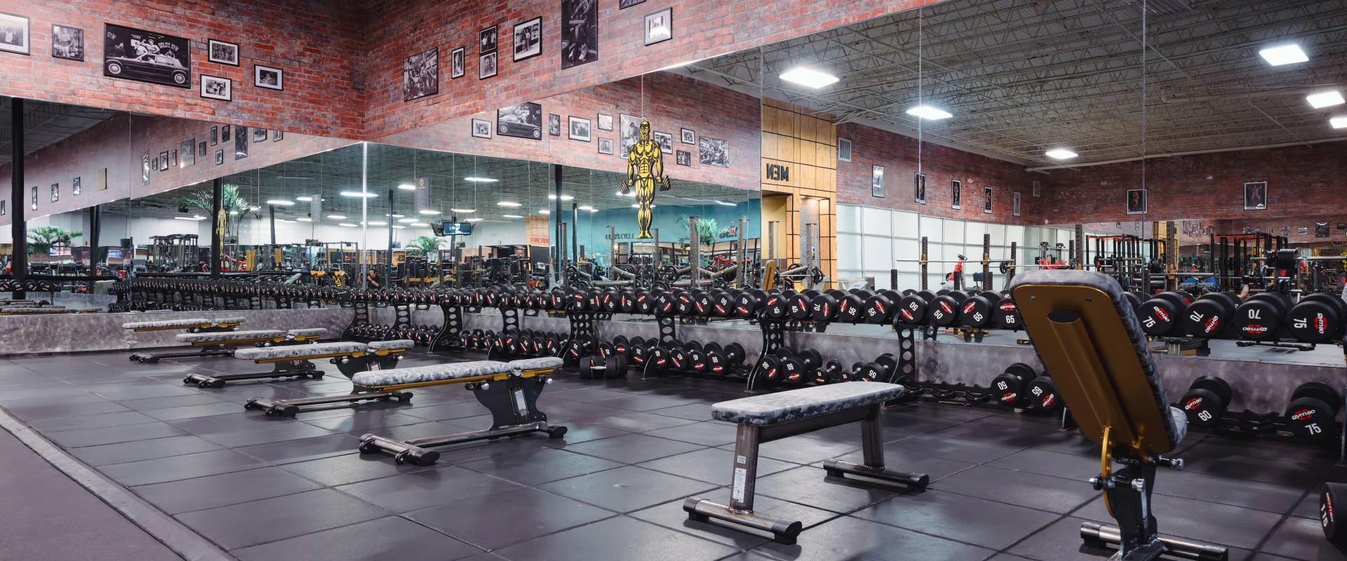 Spacious Gold's Gym Crossroads with brick walls adorned with photos. Rows of dumbbells and weight benches face large mirrors, reflecting a clean, organized workout area.