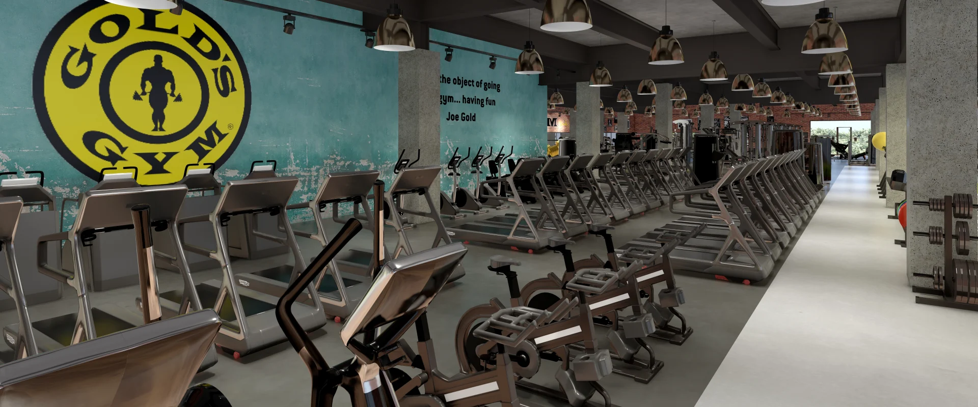 Rendering of the cardio area at Gold’s Gym Los Angeles (Beverly Center), featuring rows of high-end treadmills, ellipticals, and stationary bikes arranged for optimal workout flow. The iconic Venice Wall, a bold turquoise feature wall with the Gold’s Gym logo and an inspiring quote from Joe Gold, adds a motivational touch. Industrial pendant lighting and exposed brick accents enhance the modern, open-concept design. Large windows at the far end bring in natural light, while strength training equipment and functional training zones are visible in the background. This digital rendering previews the planned design for the upcoming location.